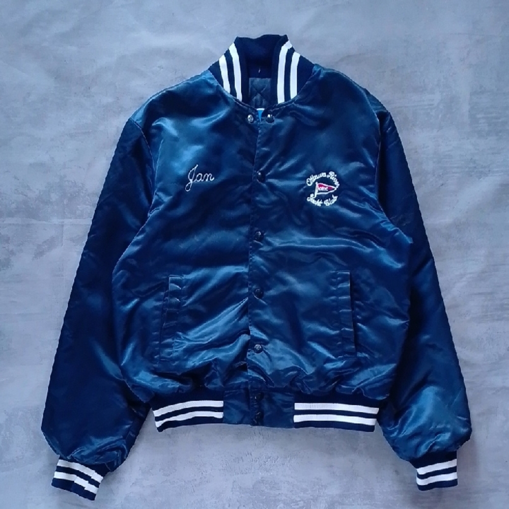 Vintage Navy Blue Satin Bomber Jacket with White Stripe Trim